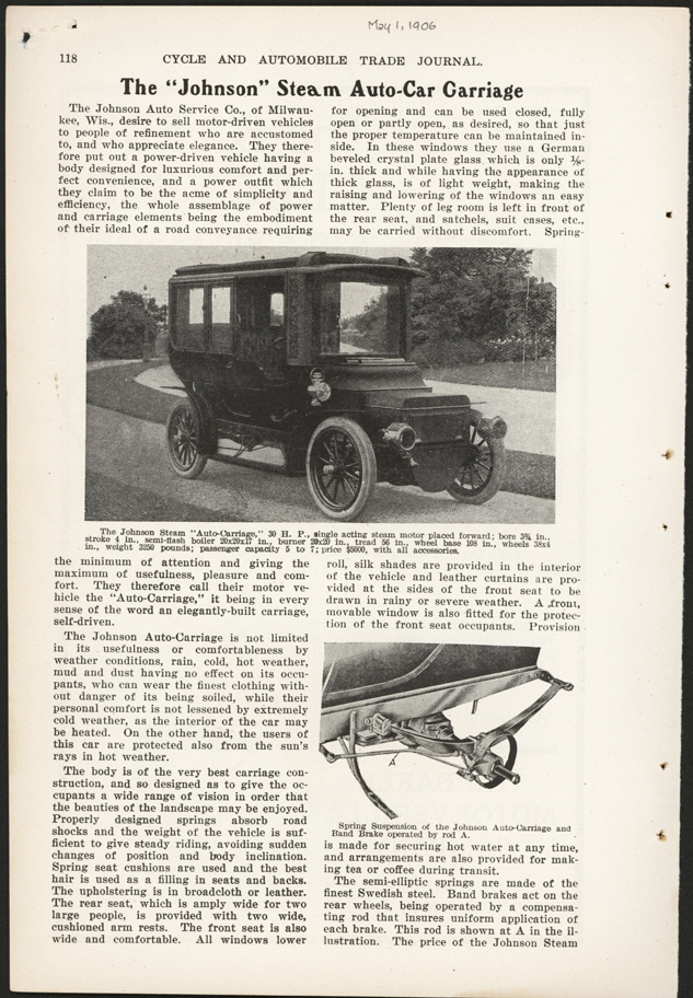 Johnson Auto Service Company, Milwaukee, WI, May 1, 1906, Cycle and Automobile Trade Journal, p. 118, Conde Collection.